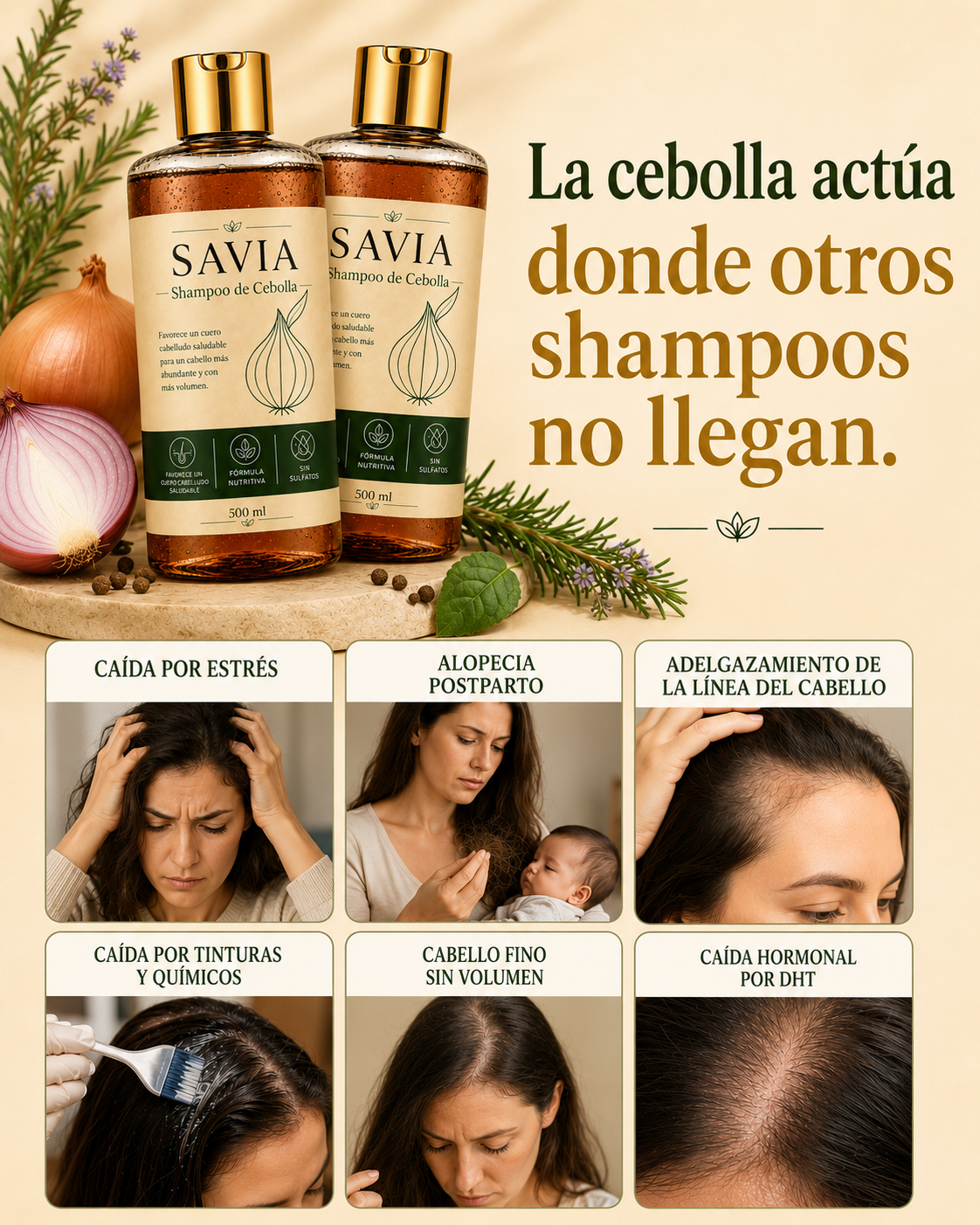 SAVIA - Shampoo hidrosol de cebolla - Activa los folîculos y reduce la caída